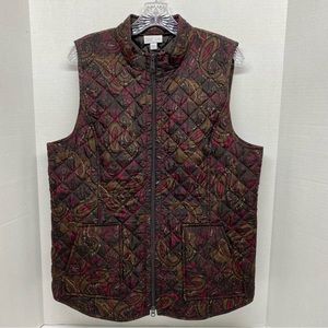 J Jill Heritage Quilted Vest Size L Paisley Print Zip Up Lightweight Black Brown